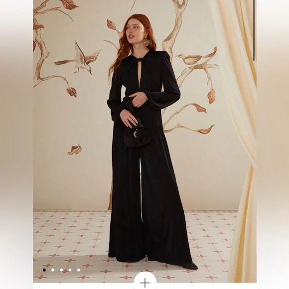 FARM Rio Black Jumpsuit with Wide-Leg Palazzo and Belted Waist - Picture 1 of 10